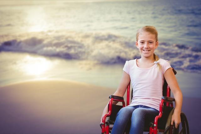 Digital composite of Portrait of smiling girl in wheelchair at beach