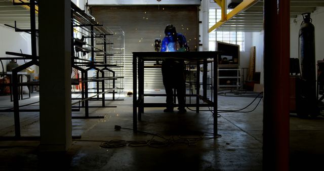 Welder at work in an industrial setting, with copy space. Sparks fly as the skilled worker focuses on his craft in the workshop.