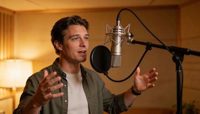 Male voice talent recording podcast and voiceover in warm acoustic studio with condenser mic