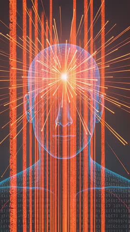 Vertical video showing holographic head sending sparking brow node and vertical data streams