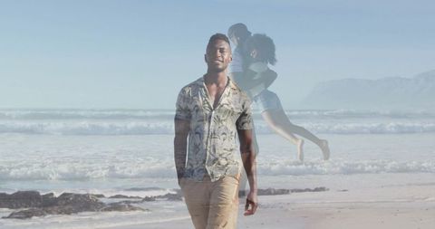 Man walking on beach with joyful couple overlay coastal romance double exposure lifestyle
