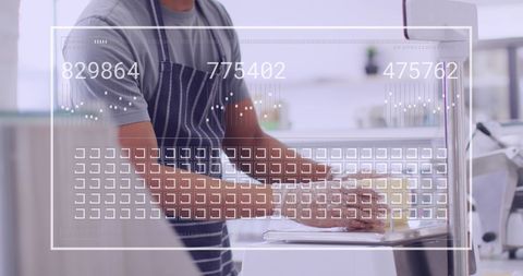 Digital Data Processing Over Shop Assistant Slicing Cheese