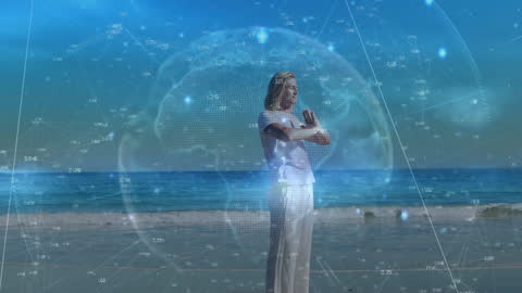Digital Network Overlaying Woman Meditating on Beach