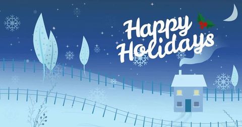 Cozy cottage on snowy hill with happy holidays lettering and moonlit night sky
