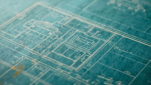 Teal blueprint showing architectural floor plan and grid markings on textured paper