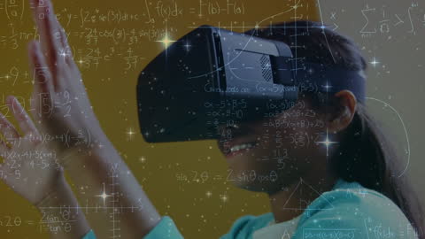 Girl Using VR Headset with Mathematical Formulas Overlay