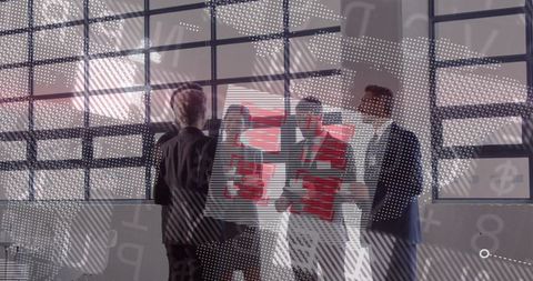 Business team holding red presentation board collaborating on global data visualization