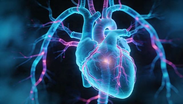 Translucent 3D Heart Showing Coronary Vessels Pulsing Amber Spark Cardiac Research