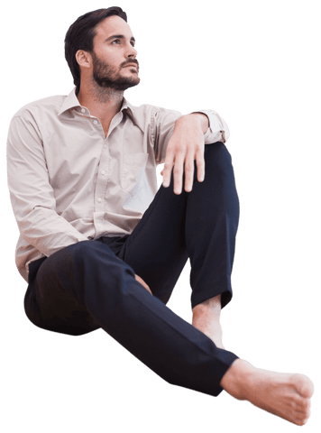 Thoughtful Transparent Man Sitting Alone on Floor