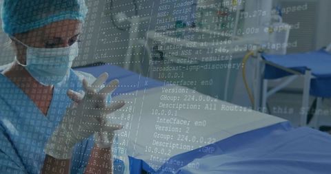 Scrubbing surgeon preparing gloves in modern operating room with digital data overlay
