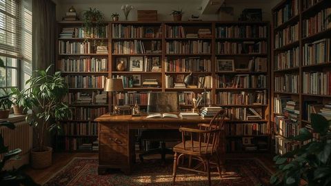 Cozy Home Library with Wooden Desk and Curated Bookshelves