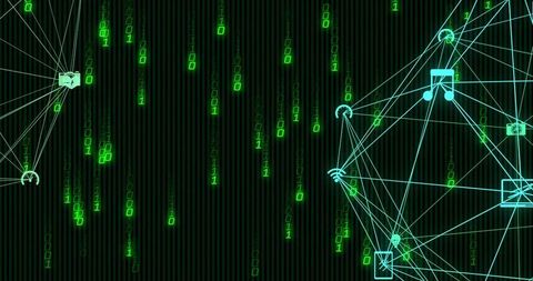 Pulsing Cyber Network Sphere with Binary Rain, Connected Nodes and Glowing Tech Icons