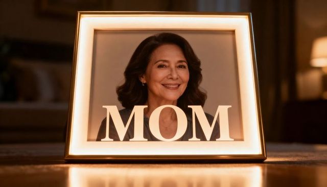 Warm backlit portrait in illuminated frame showing smiling mature woman with mom letters