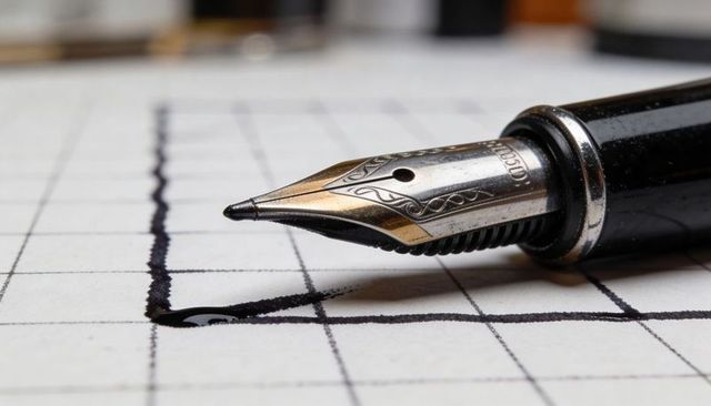 Macro fountain pen nib drawing wet ink on grid paper with droplet and ornate engraving