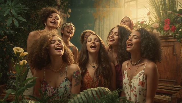 Seven women singing in sunlit floral conservatory setting