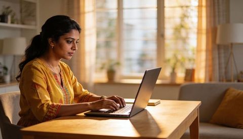 Asian woman typing on laptop in sunlit living room wearing mustard kurta, remote work