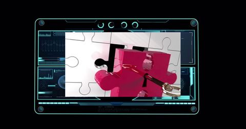Futuristic interface displays an analysis of a sliding red puzzle piece, interpreted as a metaphor for problem-solving or seeking innovative solutions. This visual can be used in presentations or publications related to global business strategies, cybersecurity, computing advancements, or networking technology.