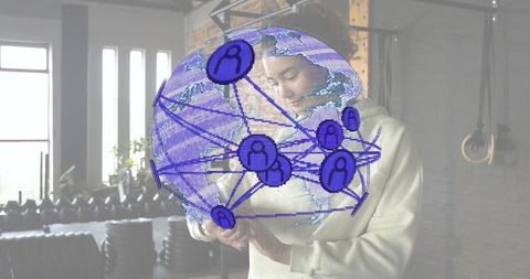 Woman Scrolling Smartphone in Gym with Digital Global Network Overlay