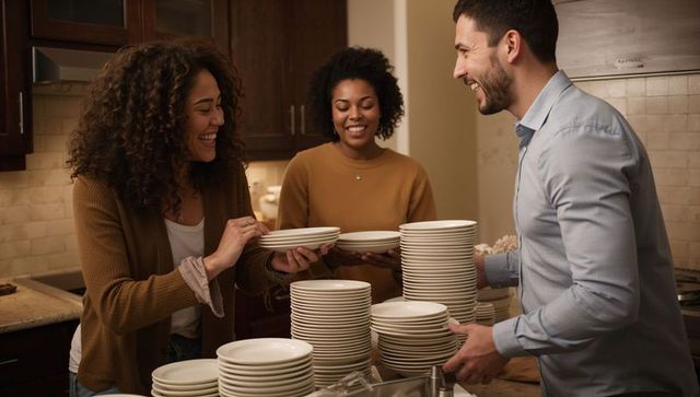 Friends passing stacked white plates at kitchen counter during casual gathering