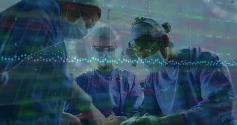 Surgeons Operating Amid Digital Medical Data Overlay