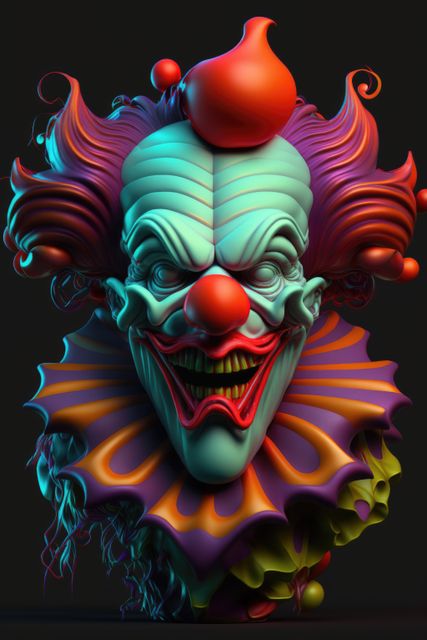 Close up of scary smiling clown with red heir, created using generative ai technology. Evil clown and scare concept digitally generated image.