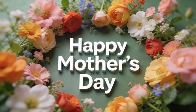 Happy mother's day 3d white lettering inside colorful floral wreath on green backdrop