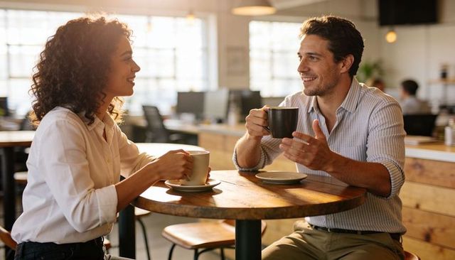 Colleagues chatting over coffee in bright coworking cafe during casual business conversation