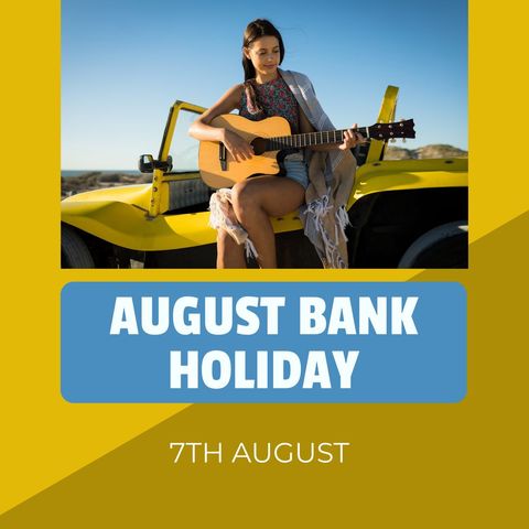 Young woman playing guitar on beach with yellow car