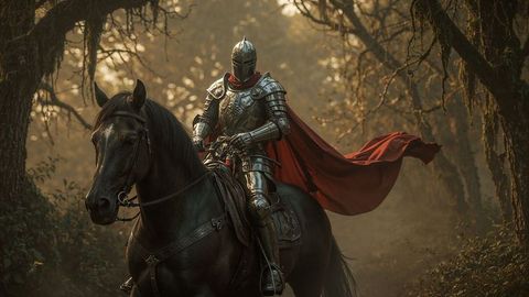 Gallant medieval knight with red cape on majestic warhorse