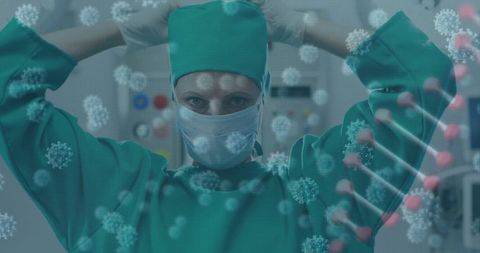 Surgeon in operating room with virus overlay graphic