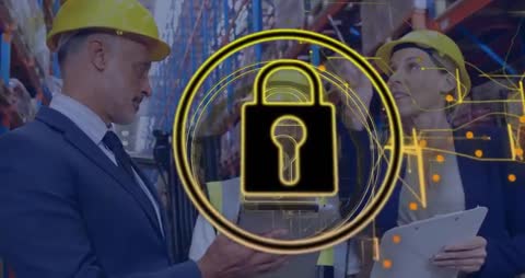 Warehouse Team Ensuring Data Security with Digital Overlay