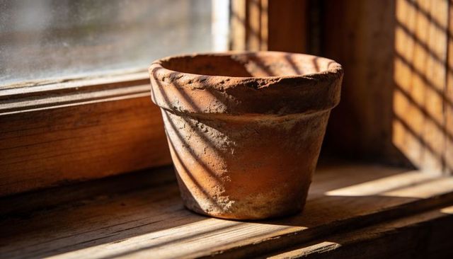 Sunlit weathered terracotta pot casting diagonal blind shadows on rustic wooden sill