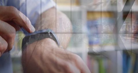 Male tapping smartwatch with urban double exposure for wearable tech, productivity, business