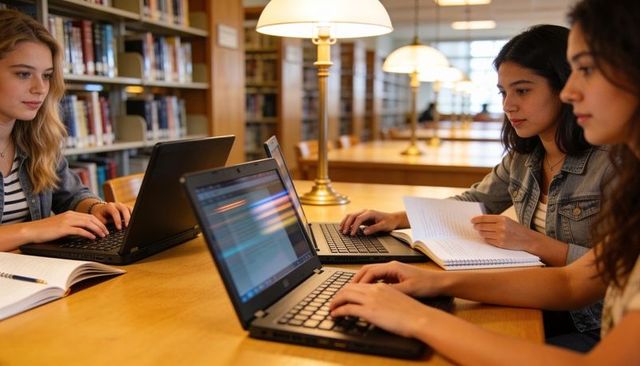 Three female students studying together at long library table with laptops and notebooks