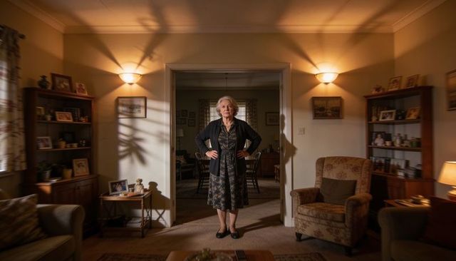 Senior woman standing in cozy living room doorway, classic home portrait, confident pose