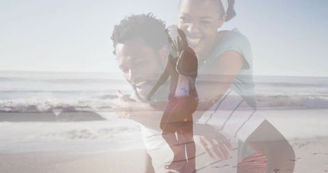 Sunlit double-exposure piggyback couple on beach smiling, playing, overlay motion romance