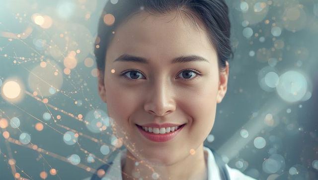 Smiling female doctor wearing white coat and stethoscope with futuristic network overlay
