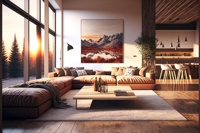 Modern living room featuring large windows offering a scenic mountain view during sunset. Cozy interior with a leather sofa and quality decor. Great for featuring luxury real estate, interior design ideas, or home decor inspiration.