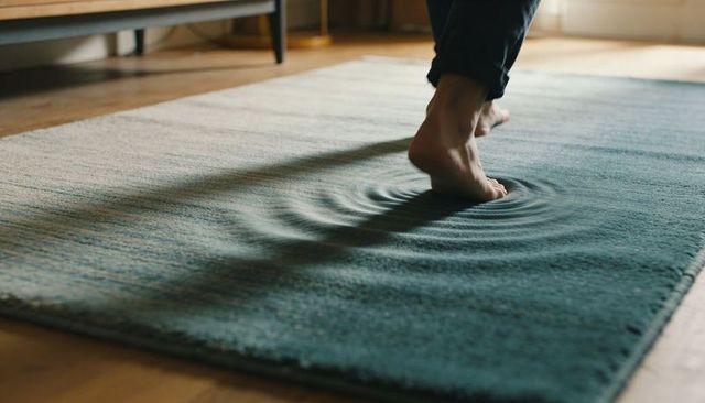 Bare feet pressing into teal rug creating ripple texture while walking on soft carpet