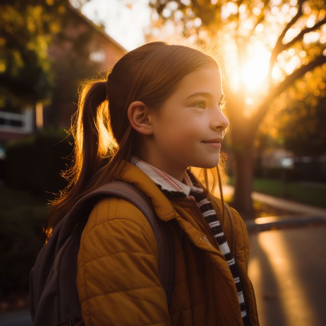 Smiling Girl with Backpack in Golden Hour Sunlight - Download Free Stock Photos Pikwizard.com