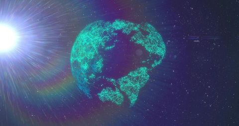 Teal wireframe globe of connected nodes rotating in space with star halo digital mesh