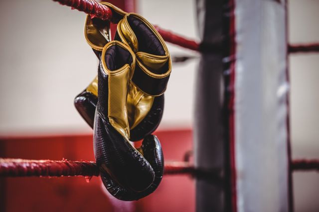 Yellow boxing gloves hanging on the ropes of a boxing ring, symbolizing readiness for training or a match. Ideal for use in sports and fitness advertisements, boxing gym promotions, martial arts training materials, and motivational posters.