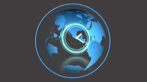 Digital Clock Overlay on Global Map Highlighting Time Zones