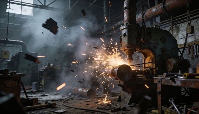 Sparks flying from industrial grinder cutting metal in rusted factory workshop
