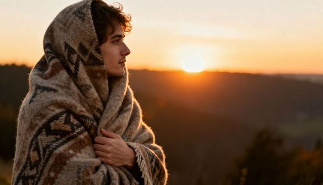 Adult male wrapped in patterned wool blanket watching golden sunset on hilltop, serene solitude