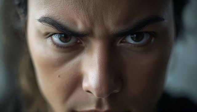 Intense female gaze furrowing brow close-up portrait highlighting textured skin and eyes