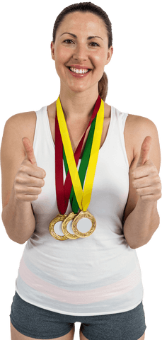 Smiling Woman Displaying Gold Medals Giving Thumbs Up with Transparent Background