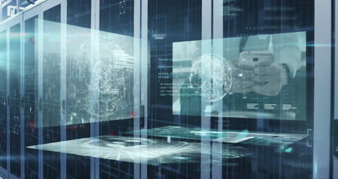 Futuristic Data Processing Display Over Server Apparatus