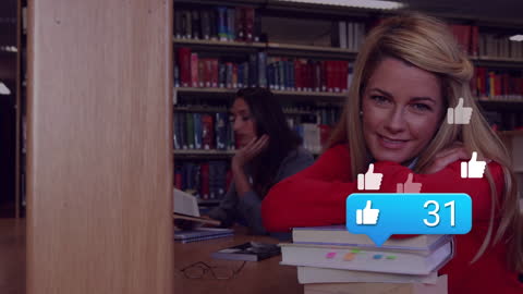 Students Surrounded by Social Media Engagement Icons in Library