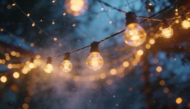 Warm Globe String Lights Creating Cozy Winter Bokeh Ambiance in Twilight Garden Patio